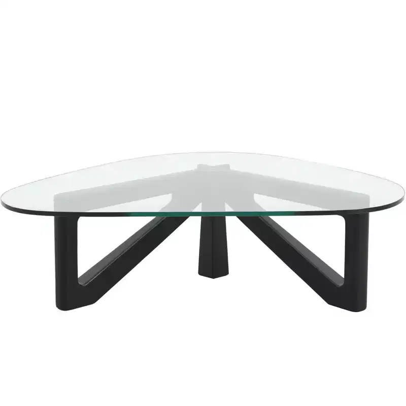 Collection Triangular Glass Top Coffee Table with Glossy Ash Wood Base for Home, Living Room, Office