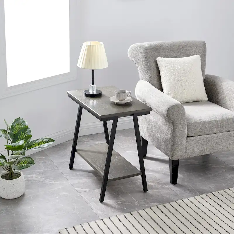 Narrow Wood Side Table with Metal Frame and Lower Shelf