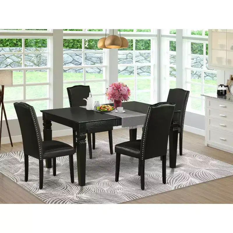 HomeStock Belmont 5Pc Rectangle 42/60 Inch Kitchen Table With 18 In Self Storing Butterfly Leaf And Four Parson Chair With Black Leg