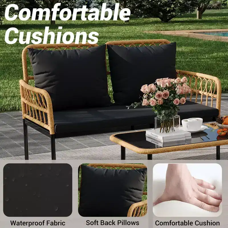 4-Piece Patio Furniture Set, Rattan Outdoor Patio Table and Chair Set with Glass Side Table and Loveseat, Suitable for Apartments, Backyards, Beige