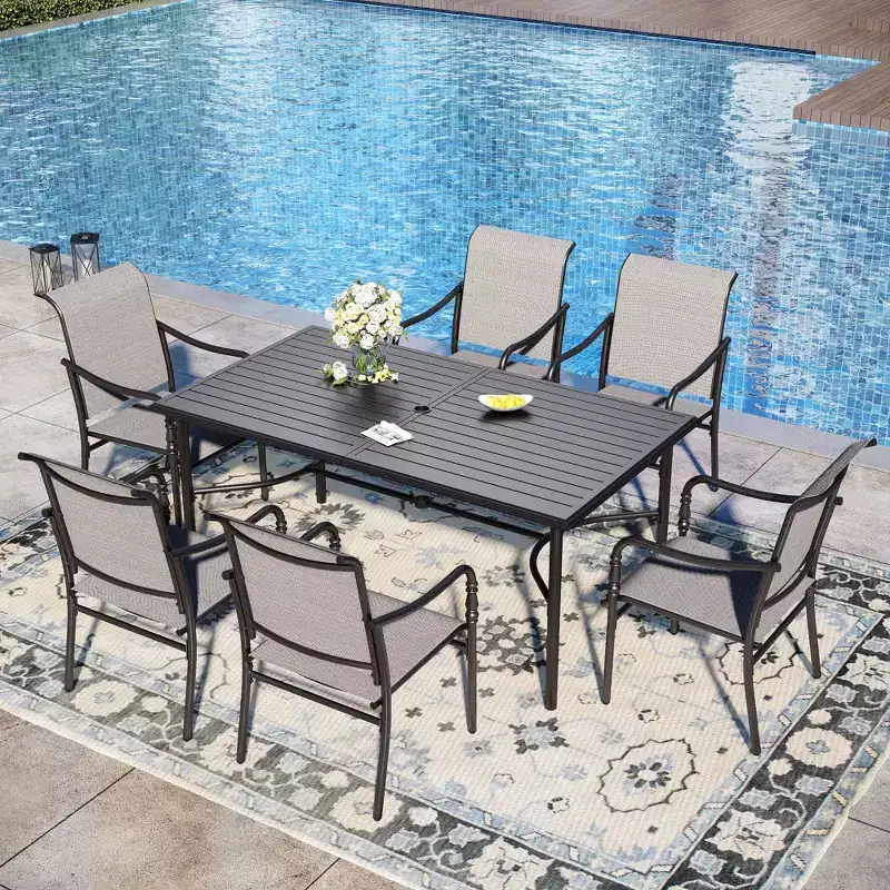 Captiva Designs 7 Pc Patio Outdoor Dining Set with Slat Tabletop Rectangular Table & Gray Textilene Fixed Chairs