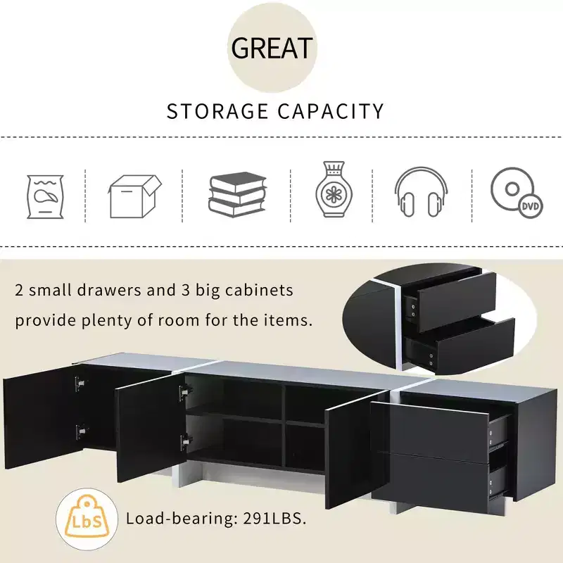 Modern TV Stand with High Gloss UV Surface for TVs up to 80 Inches, Entertainment Center with 3 Cabinets and 2 Drawers, Black