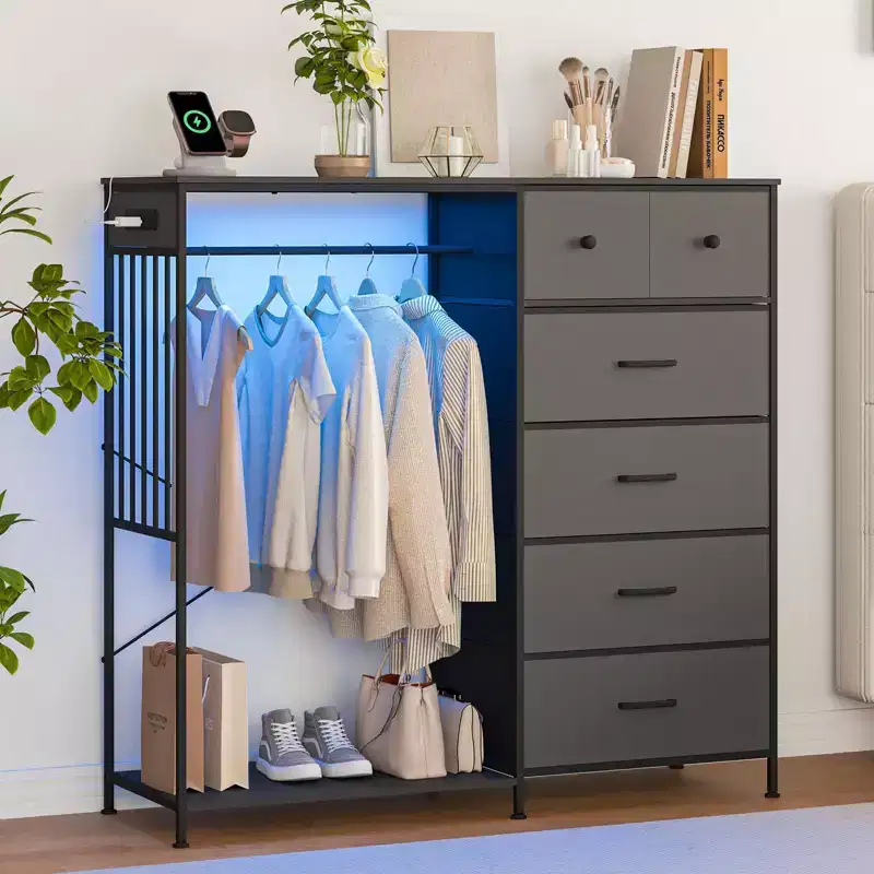49.2 w Dresser with Hanging Rack & Lights, 6-Drawer Closet Organizer with Charging Station