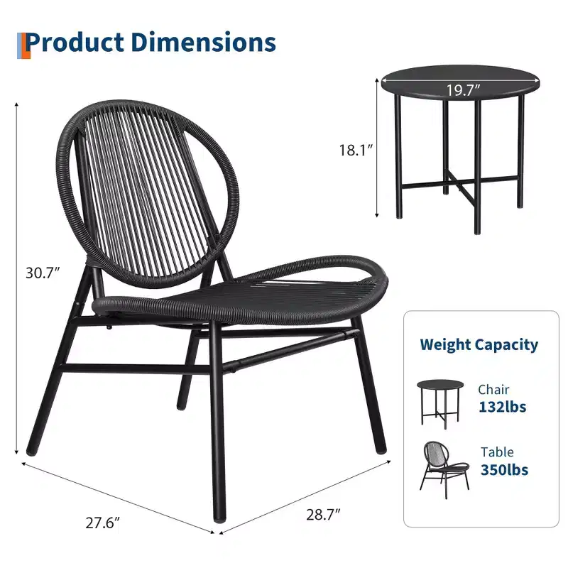 3 Piece Patio Bistro Set with 2 Chairs and Small Table, Acapulco Modern Rattan Furniture Set for Patio, Garden, Balcony, Black