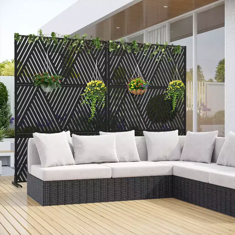 Black V-Pattern Galvanized Steel Privacy Screen, 3-Panel, Free Standing