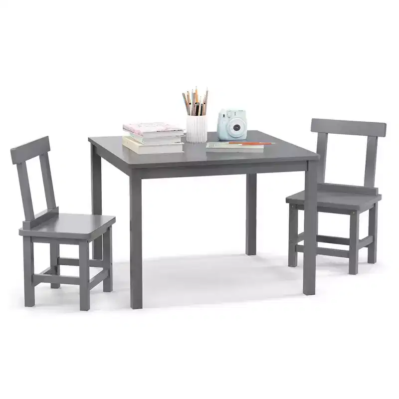Costway Wooden Kids Table and 2 Chairs Set with Rubber Wood Legs Anti-slip Foot Pads White/Gray