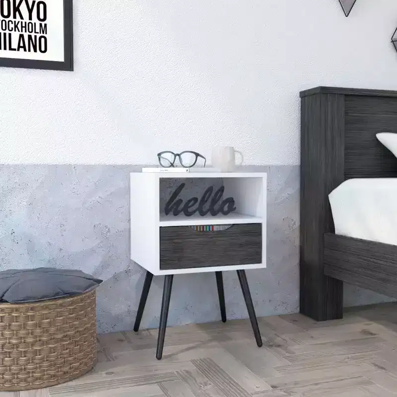 Modern Nightstand with Open Shelf and Single Drawer, Smokey Oak / White Finish