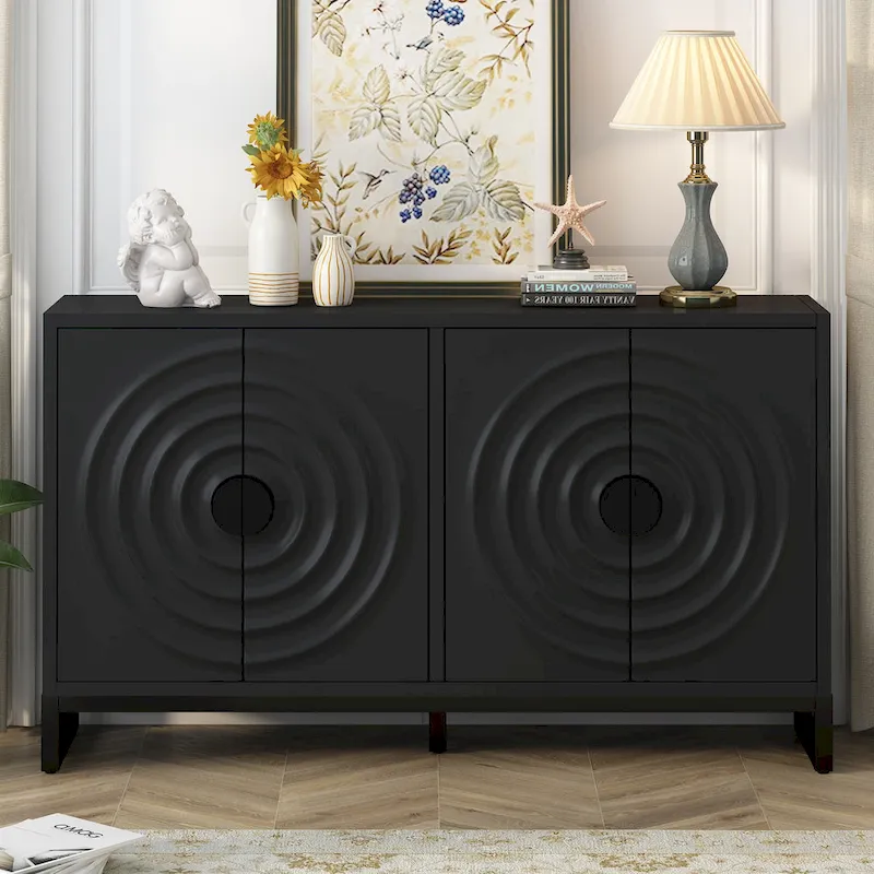 Storage Cabinet Sideboard Wooden Cabinet with Stunning Water Wave Door Design, Rubberwood Veneer and Adjustable Shelves