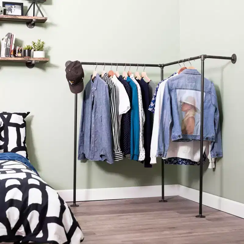 Wall and Floor Mounted Corner Clothing Rack, Industrial Steel Pipe