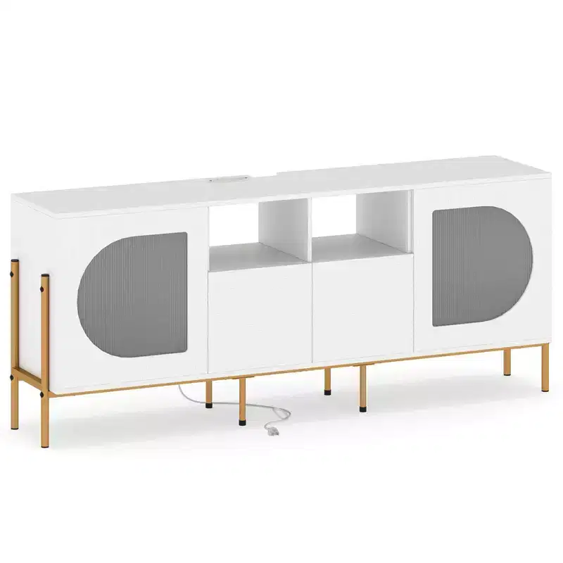 Costway TV Stand with Charging Station for 70 TVs, Fluted Doors & 2 Storage Drawers, White