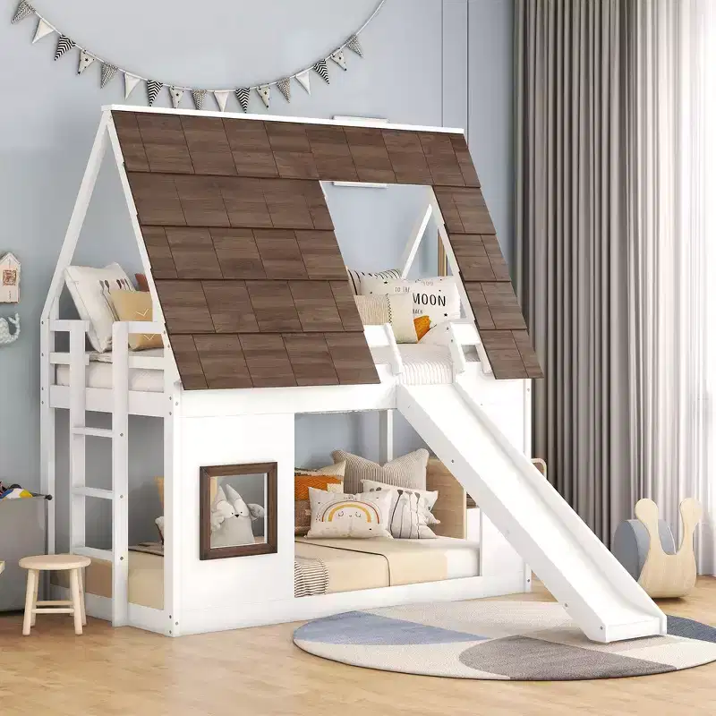 Bunk Bed Frame with Roof, Window, Guardrails & Built-in Ladder(Upgraded) - White & Brown