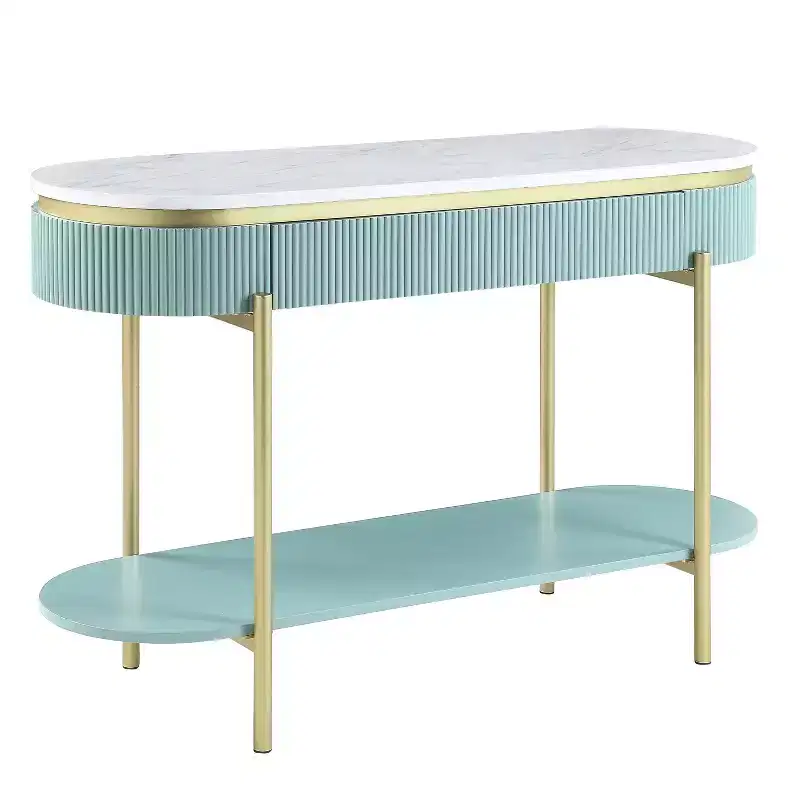 Faux Marble Sofa Table with Drawer, Gold Metal Frame, 48