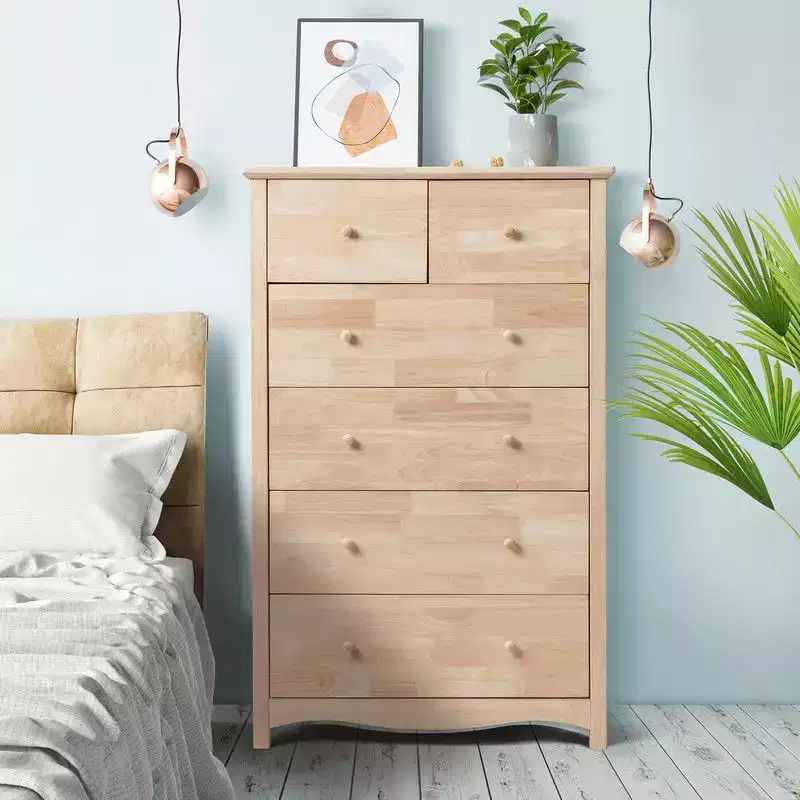 Natural Rubberwood 6-Drawer Cabinet 49-Inch Tall Minimalist
