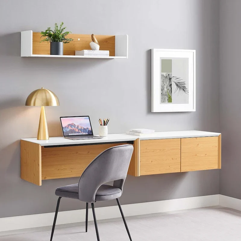 White Natural / Black Cherry Wall-Mount Desk with Cabinet & Shelf, 1-Person