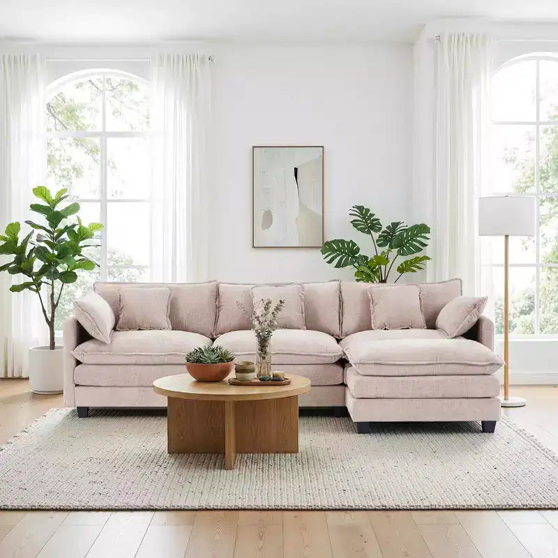 Chenille 3-Seat Sectional Sofa  Modular Deep Seat Sleeper Couch with Ottoman & Side Pocket
