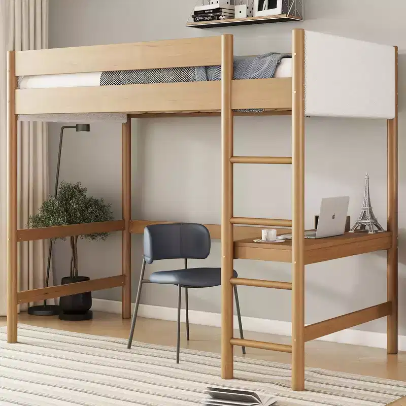 Modern Rubberwood Twin Size Loft Bed with Desk and Boucle Upholstered Headboard