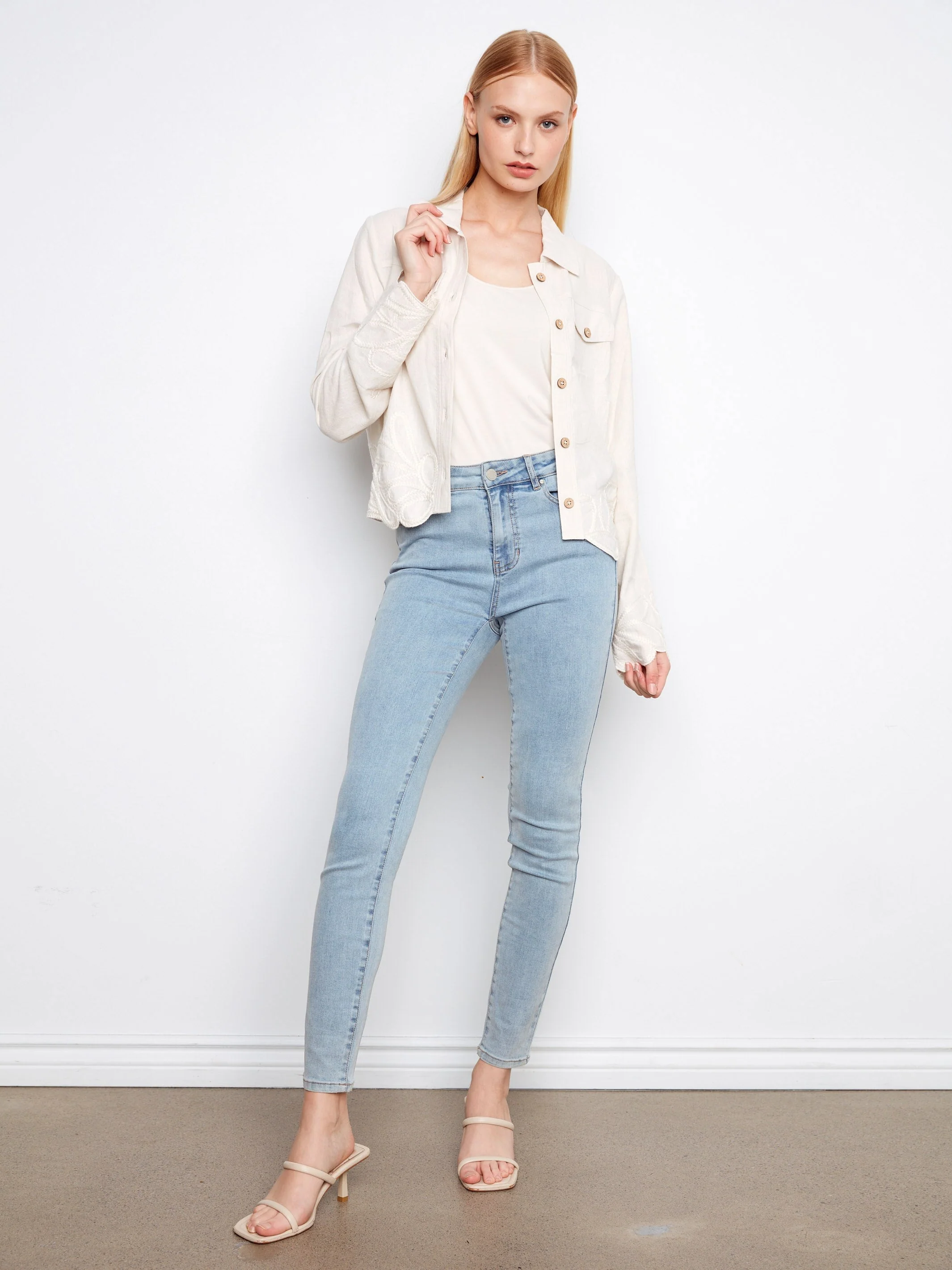 Embroidered Hem Linen Blend Jacket - Natural