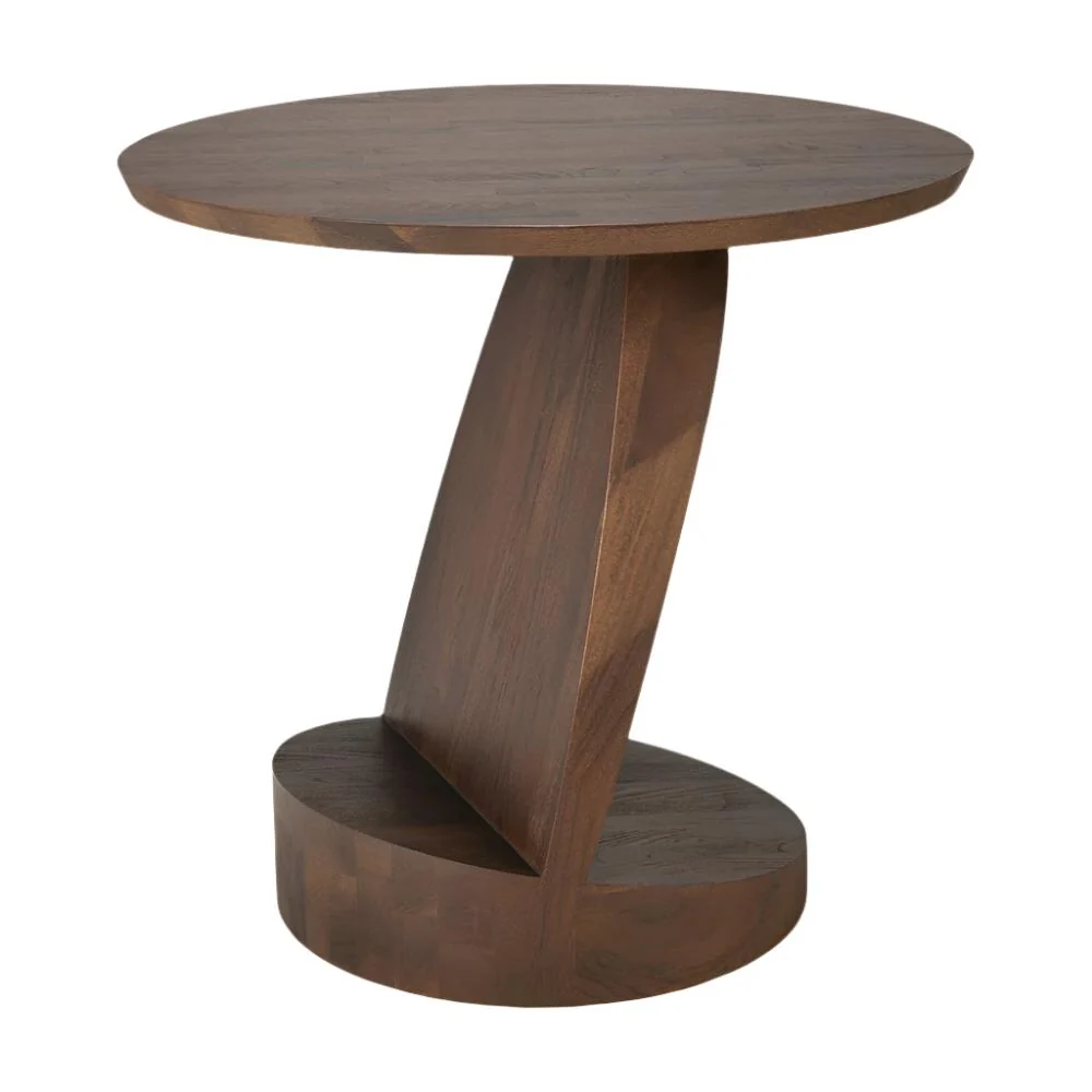 Sculptural Solid Teak Wood Side Table with Round Top & Dynamic Negative-Space Base for Living Room
