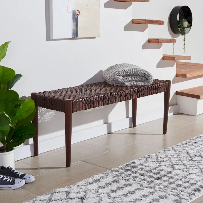SAFAVIEH Mahalia Bandelier Wood & Leather Bench - 47 W x 16 D x 19 H - 47Wx16Dx19H