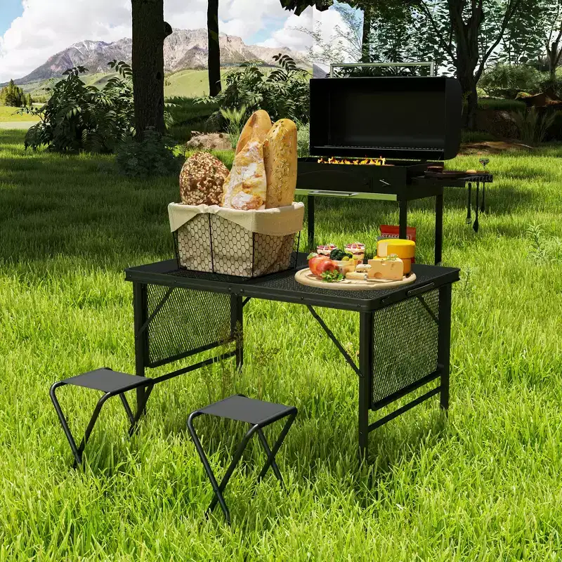 4.5ft Folding Grill Table, Portable Camping Table with 2 Wing Panels and Adjustable Height, Metal, Black