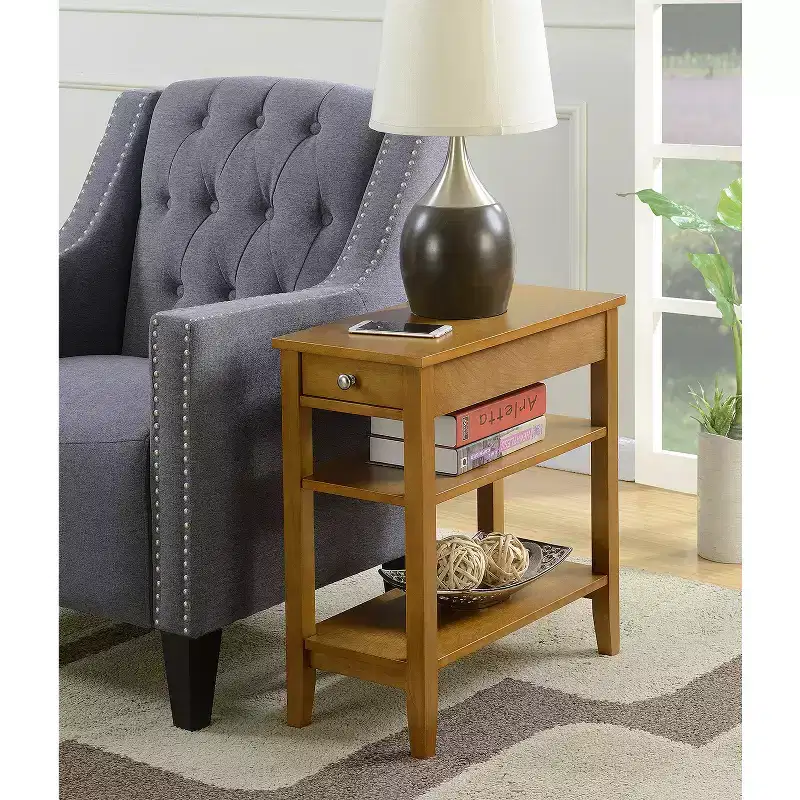 Three Tier End Table with Hidden Storage Drawer, Two Shelves and Nickel Knob Perfect for Organizing Essentials