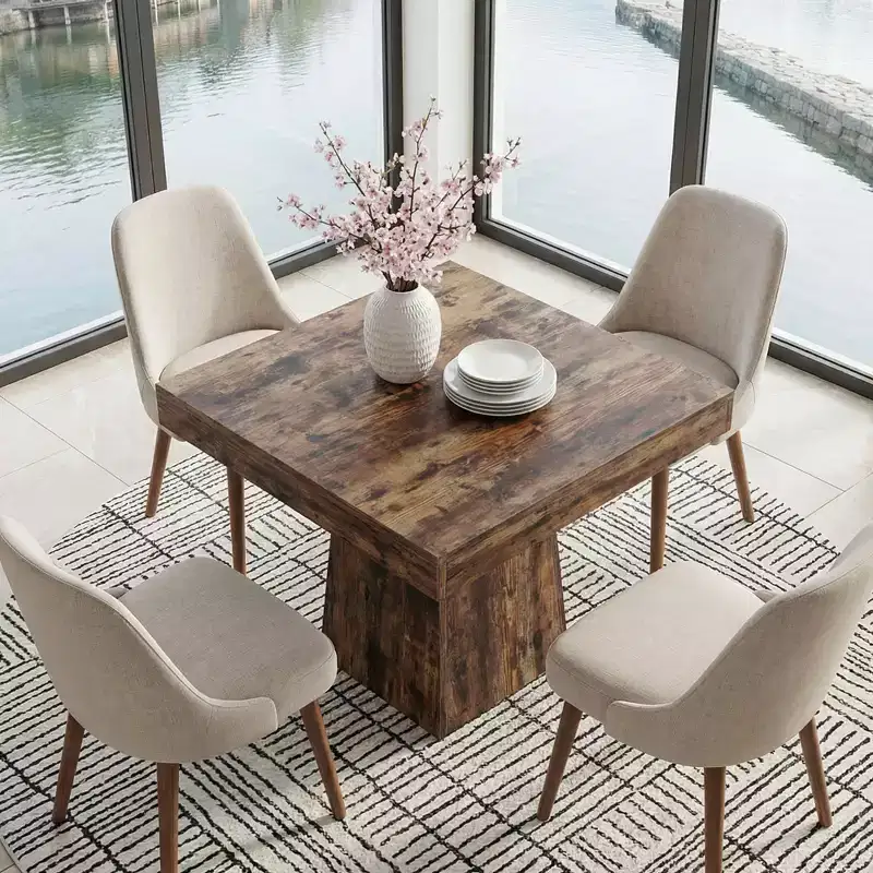 MAYEERTY 31.5 Grey Farmhouse Square Dining Table, 4-Person Sturdy Pedestal Kitchen Table