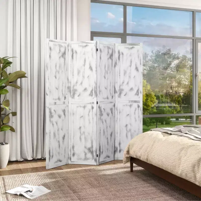 5.5' Tall 4-Panel Folding Room Divider Privacy Screen White Wood Grain