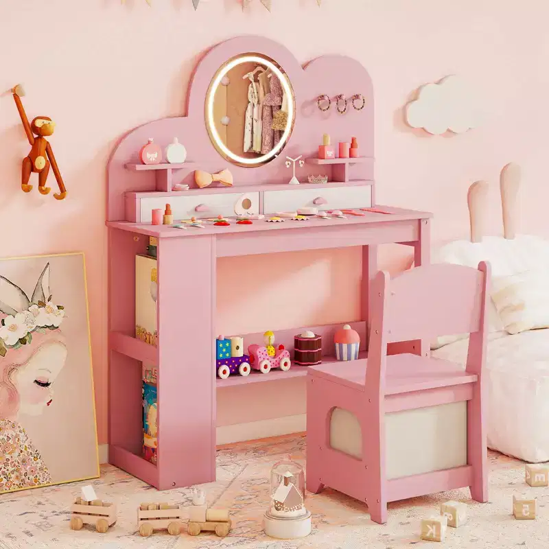 Kids Vanity with Lights, 2 Drawers & 2-Tier Bookshelf, 3 Hooks & 2 Open Shelves