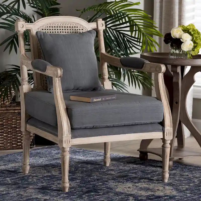 Ivory French Provincial Armchair, Single Seat, Carved Mahogany & Rattan