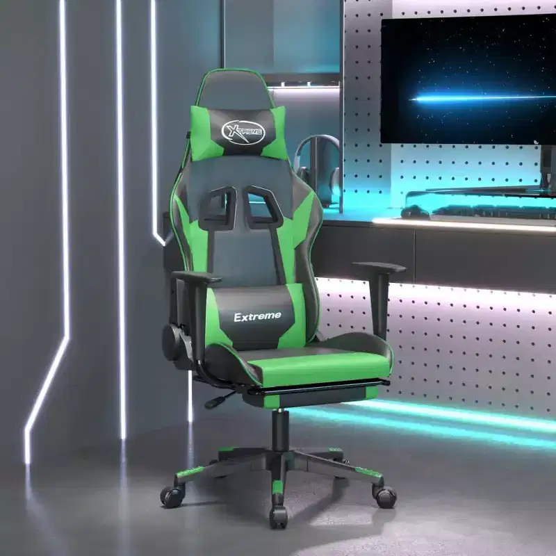 vidaXL Massage Gaming Chair with Footrest, Black&Green, Faux Leather