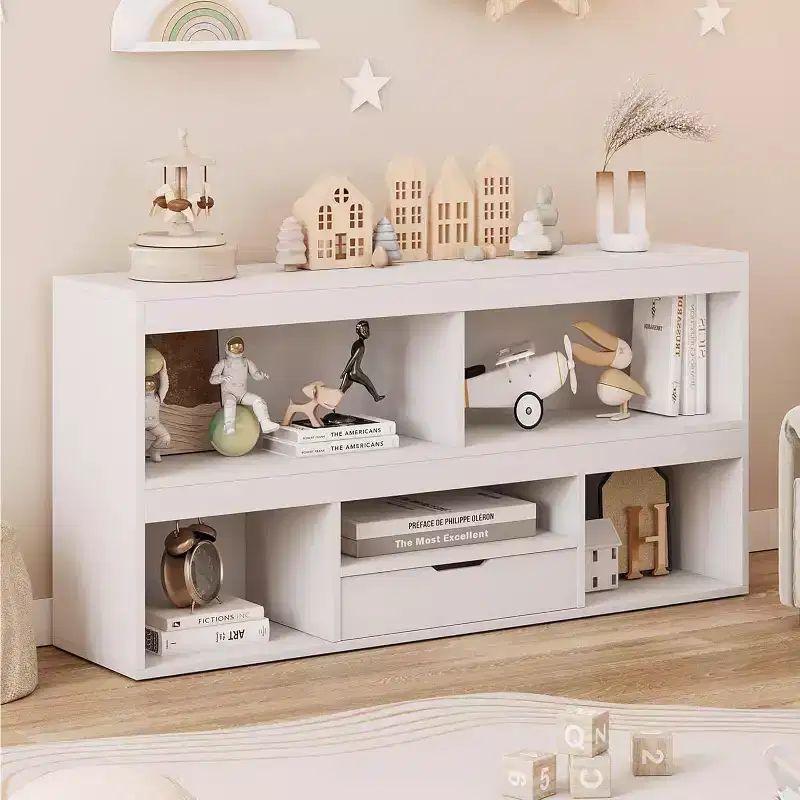 White 2-Tier Kids Bookshelf with 5 Cubbies & 1 Drawer