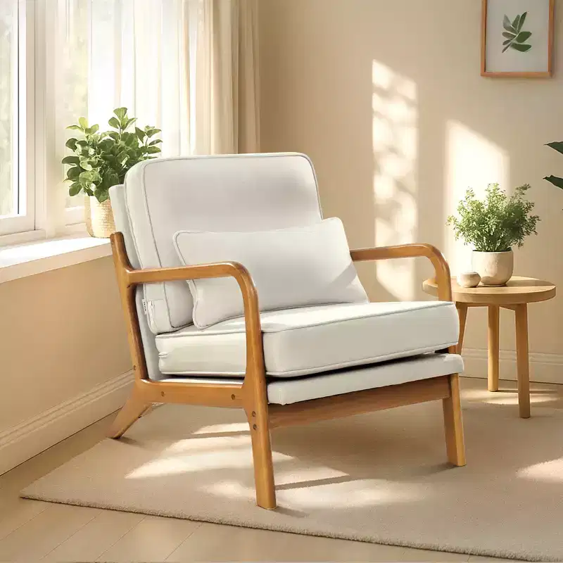 VEVOR Accent Chair, Mid Century Modern Armchair with Solid Wood Frame and Non-Slip Legs, Upholstered Leisure Chair with Linen Fabric, Beige