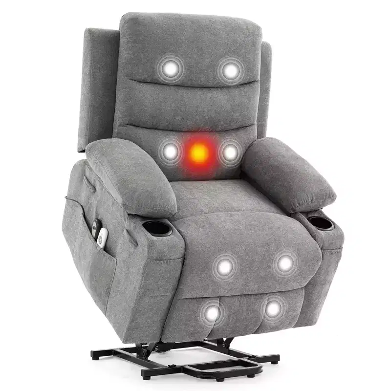 Oversized Power Lift Recliner Chair for Elderly - Electric Heat, Massage & Stand Assist - 135 Reclining - Cup Holders, Side Pocket Grey Fabric