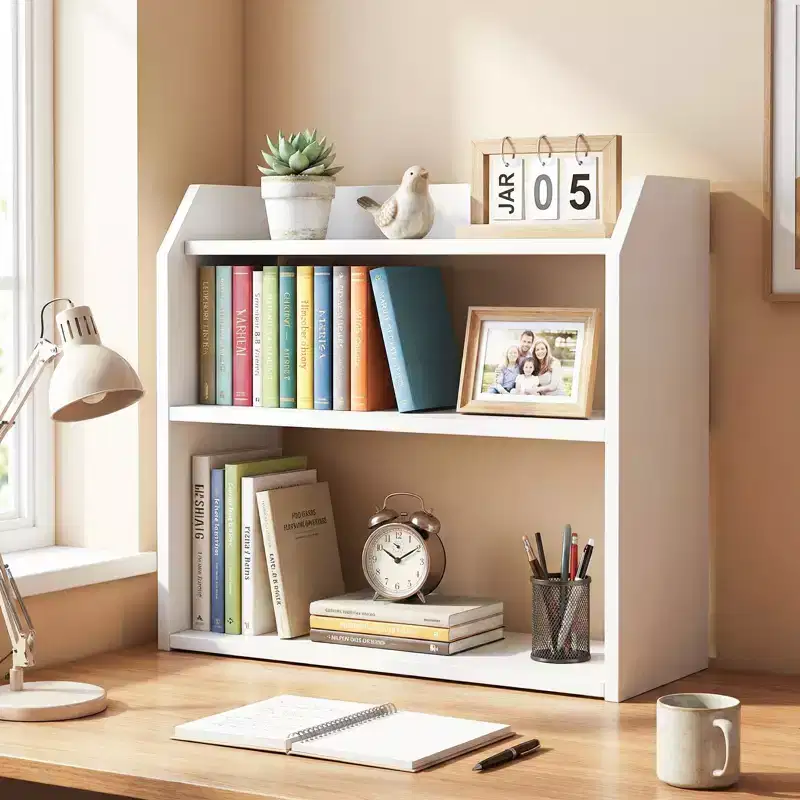 3-Tier Desktop Bookshelf w/Raised Top Guardrails Space-Saving Display Shelf