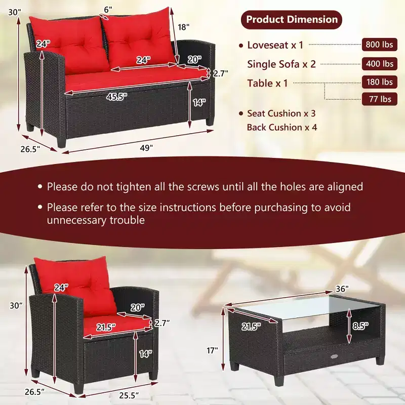 Costway 8 PCS Patio Rattan Furniture Set Glass Table Shelf Sofa Cushion Black/Red/Turquoise/Navy/Gray