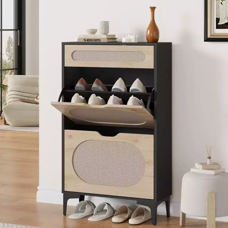 Rattan shoe cabinet with 2 flip-top drawers and 1 pull-out drawer, three adjustable shelves, designed for narrow entryways and hallways.