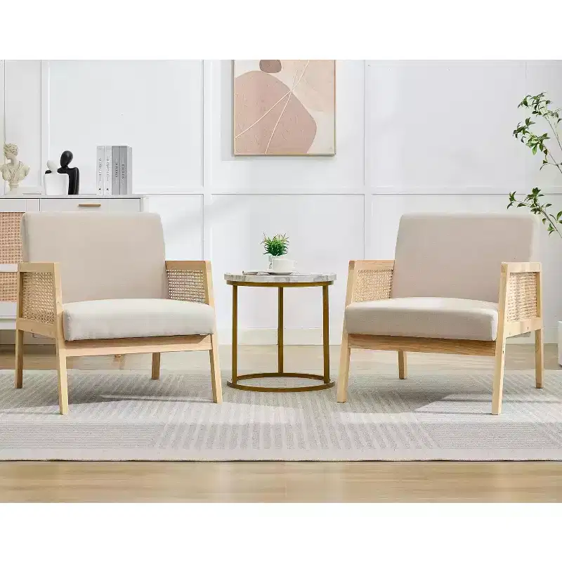 2PCS Mid Century Modern Accent Chair, Comfy Chairs with Sturdy Wood Legs, Rattan Backrest & Beige Thick Linen Cushion,for Bedroom Balcony