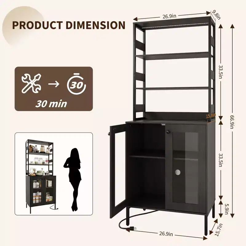 67 Tall Kitchen Pantry Cabinet, Freestanding Wine Bar Cabinet, Wooden Coffee Bar Hutch for Living Room Kitchen Bathroom