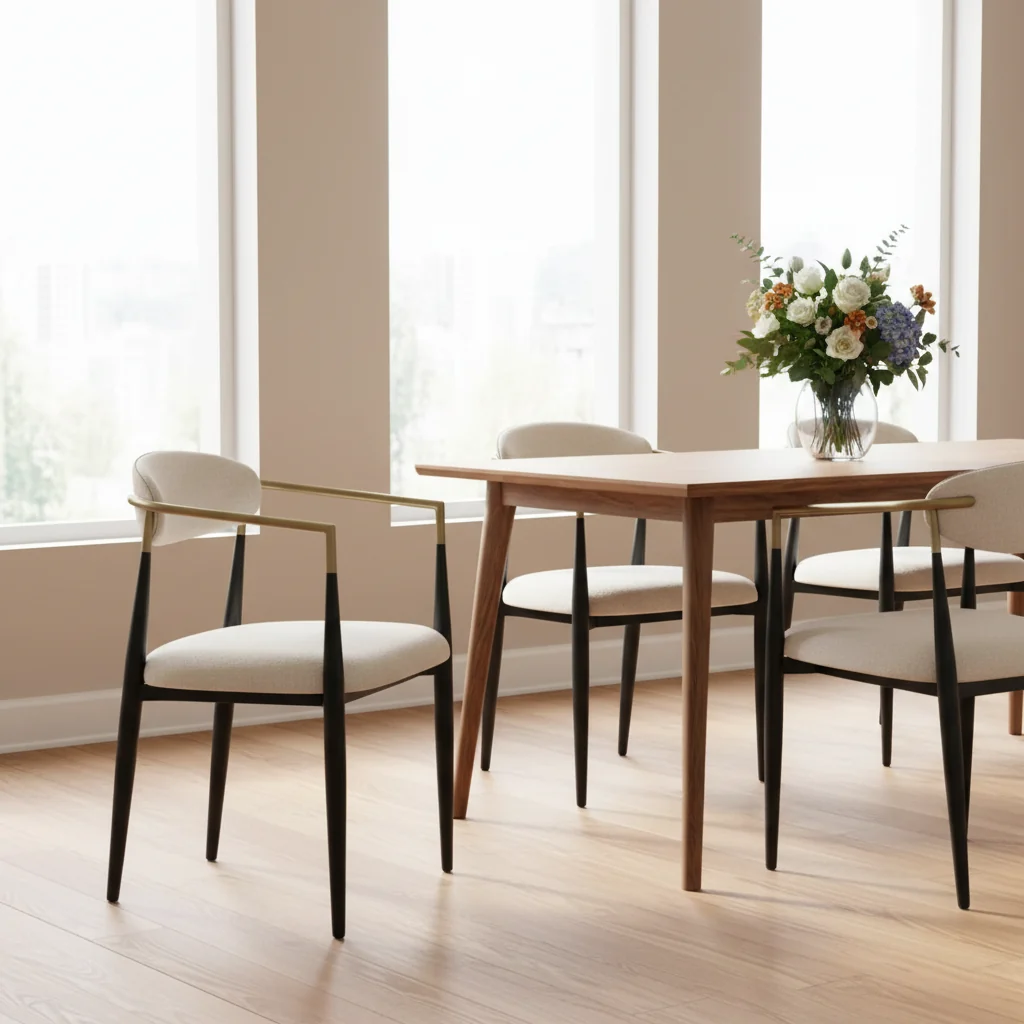 23 Inch Dining Chair, Light Gray Polyester, Black Iron Legs, Gold