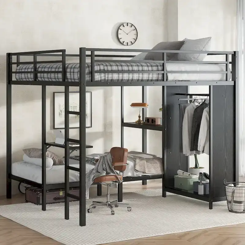 King over Twin XL Bunk Bed Frame with Built-in Wardrobe and Foldable Desk, Black