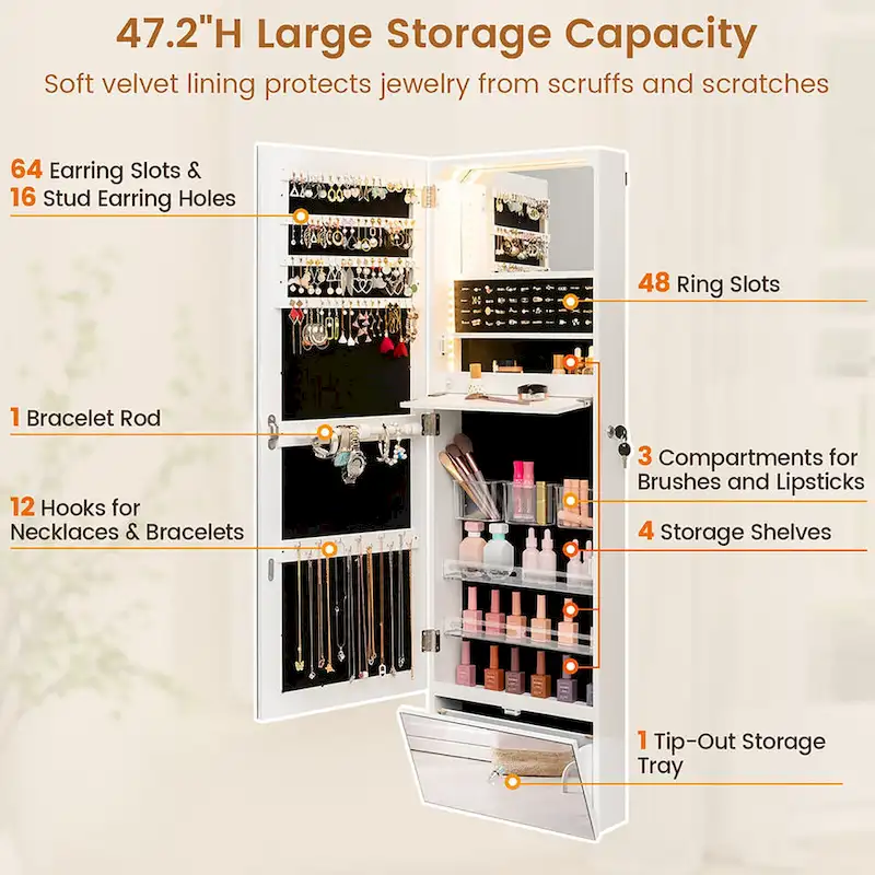 Wall-Mounted Jewelry Cabinet Armoire – White, Full-Length Mirror, LED Lighting, Flip-Down Vanity, Lockable