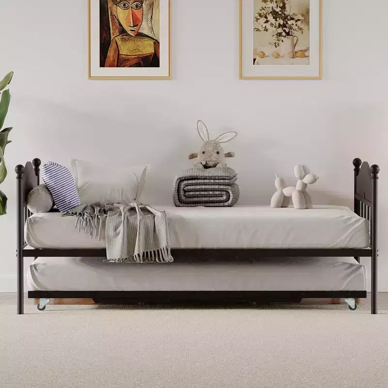 Twin Size Daybed, Heavy Duty Metal Sofa Bed Frame with Headboards, Steel Slats Support