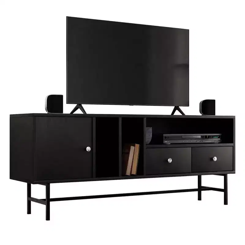 Mid-Century Modern TV Stand with MDF Frame, Enclosed Storage and Black Iron Legs
