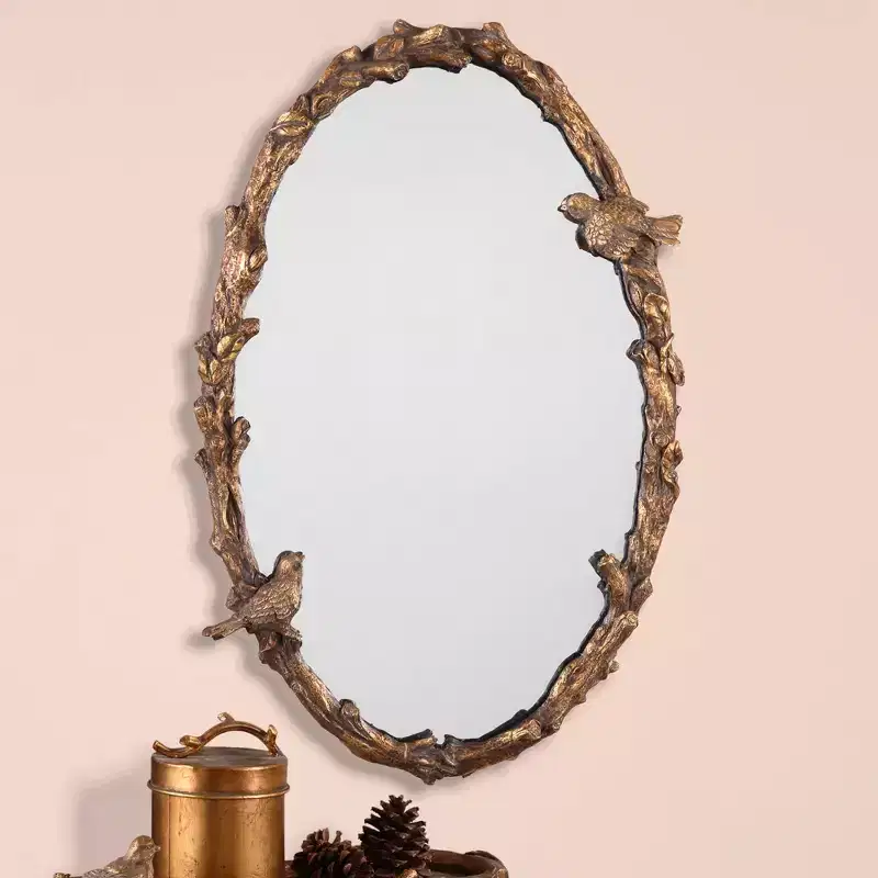 Oval Wall Mirror, Antique Gold Leaf & Gray Iron Frame, Love Birds & Vine Motif, 23