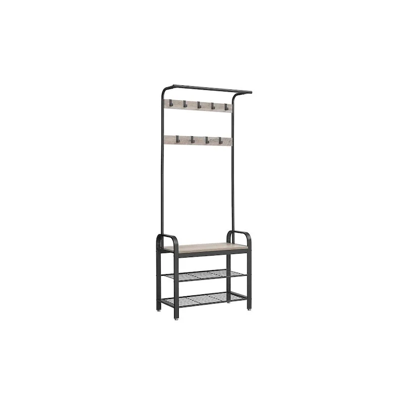 Grey-Black Hall Tree Entryway Storage Shelf with Wood Look Accent and Metal Frame - 13.3D x 28.3W x 72.1H