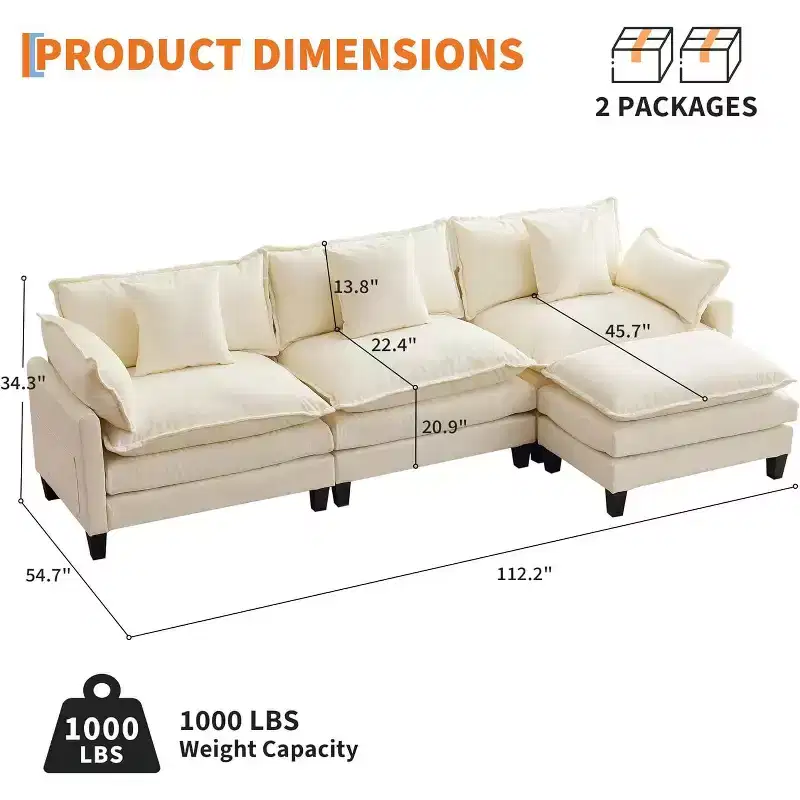 Acekool Oversized L Shaped Sectional Sofa, Modular Chenille 3 Seater Couch with Deep Seat and Ottoman, Comfy Convertible Sofa for Living Room