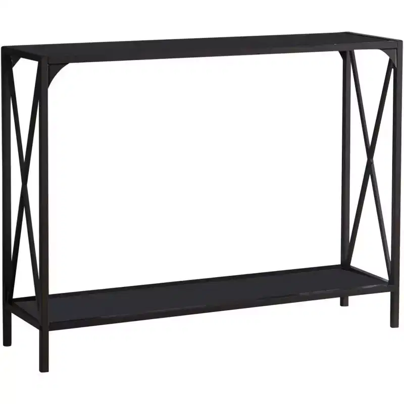 Modern Console Sofa Table with Storage Shelf, Pewter/Black Glass