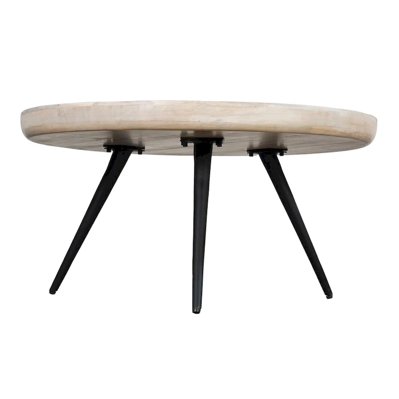 30-Inch Round Tray Top Coffee Table, Handcrafted Mango Wood, Washed White