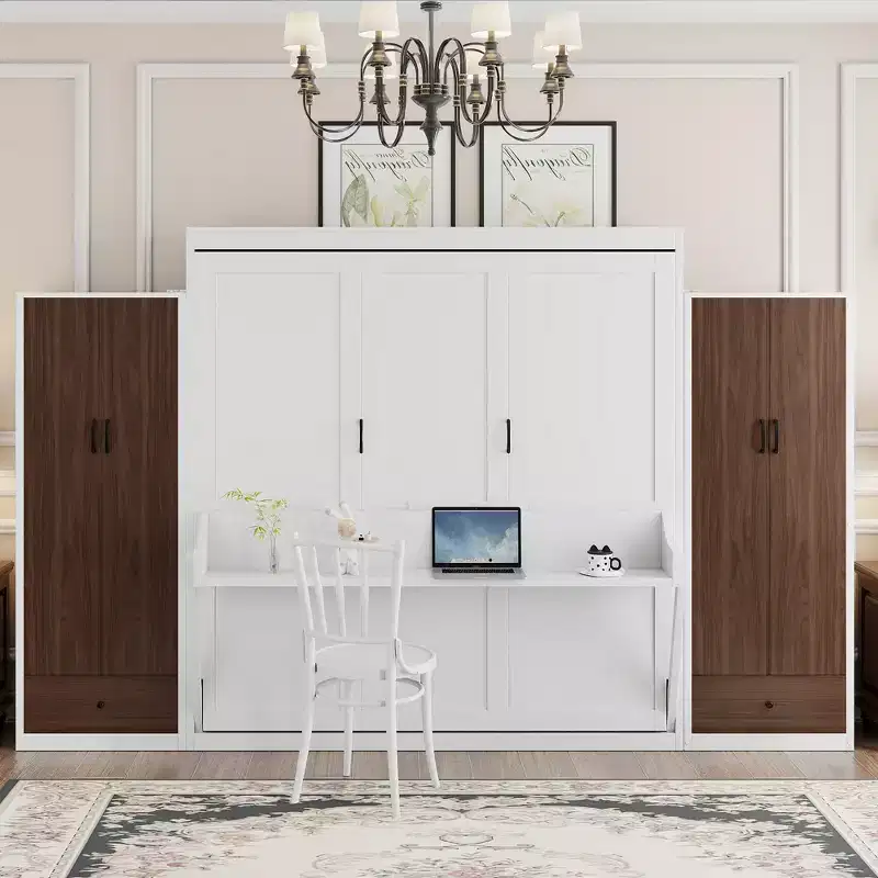 Full/Queen Murphy Bed Wall Bed with Closet, Cabinet Bed Folding Wall Bed with Storage Drawers and Desk for Guest Room Office