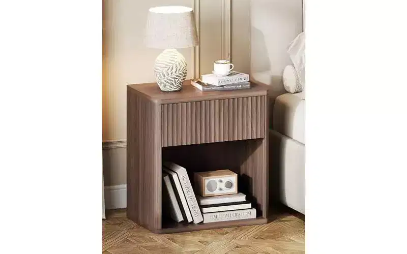 Night Stand Set of 2, Wood Nightstand Sets with Storage Drawer and Open Shelf, Fluted Bedroom Nighstands